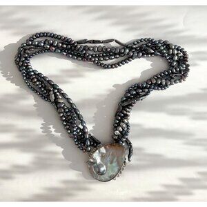 Tahitian Pearl + Abalone Shell Sterling Silver Vintage Chunky Necklace - 30"